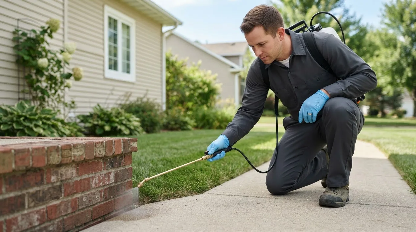 Pest control technician treating a home near Dupuyer, MT